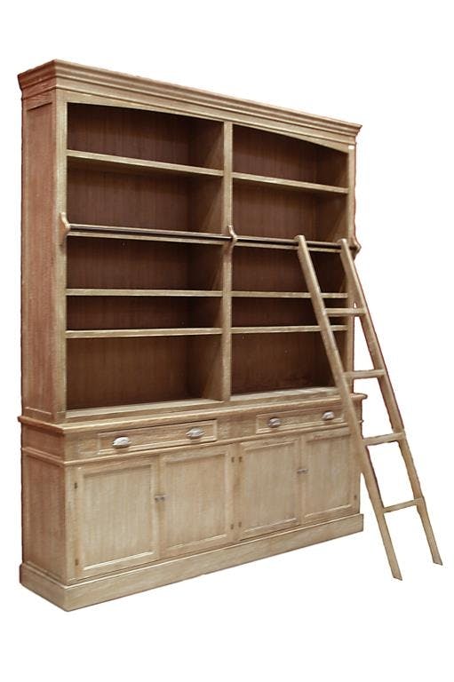 Bibliothèque échelle bois naturel patiné grisé blanchi 4 tablettes, 4 tiroirs, 4 portes L200xP41xH232cm PAOLIA