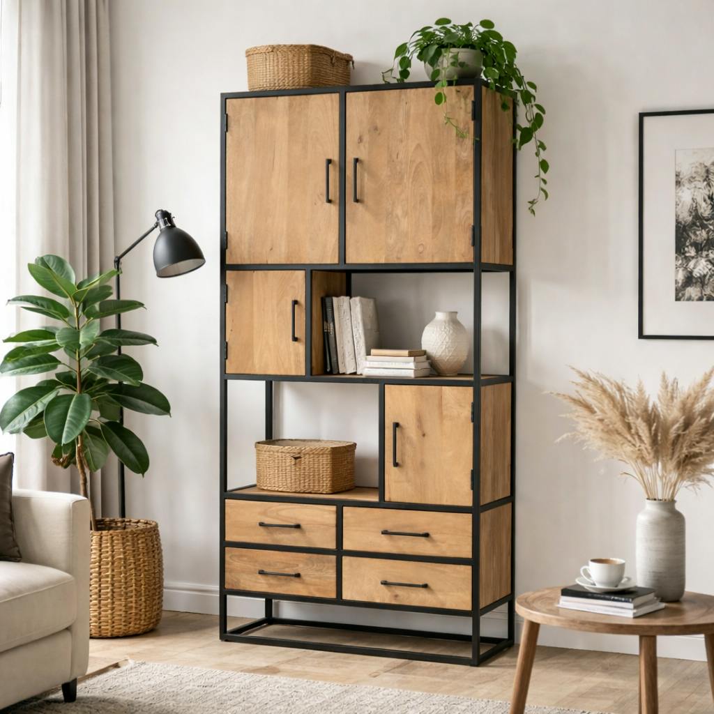 Bibliothèque en bois clair 4 portes 4 tiroirs RIVANO