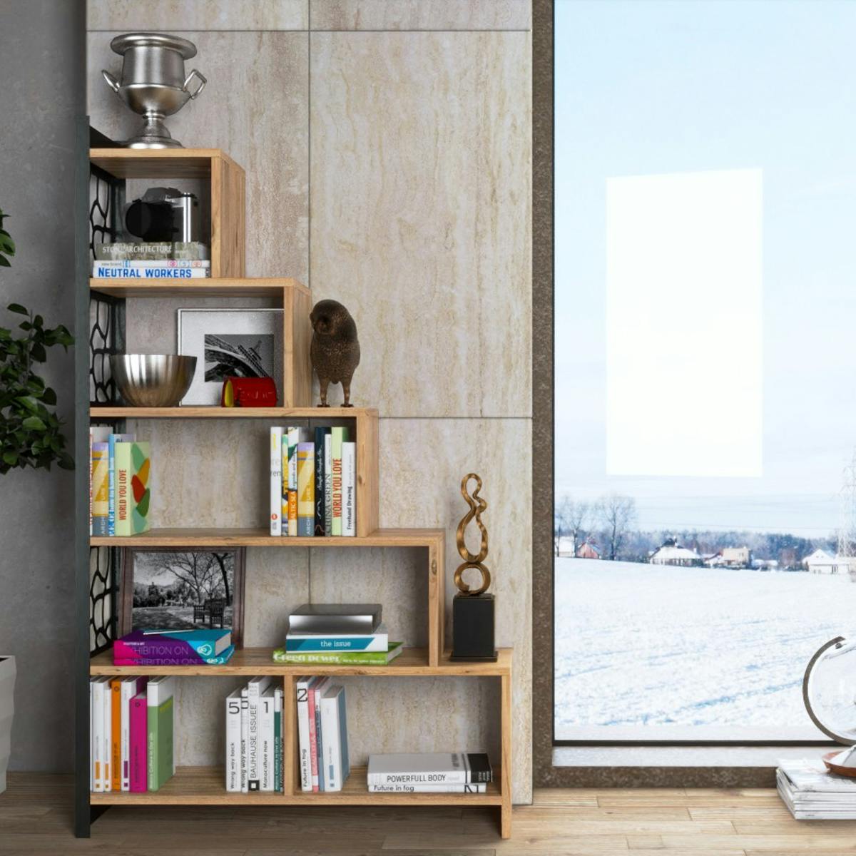 Bibliothèque escalier effet pin, côté métal ajouré JENA