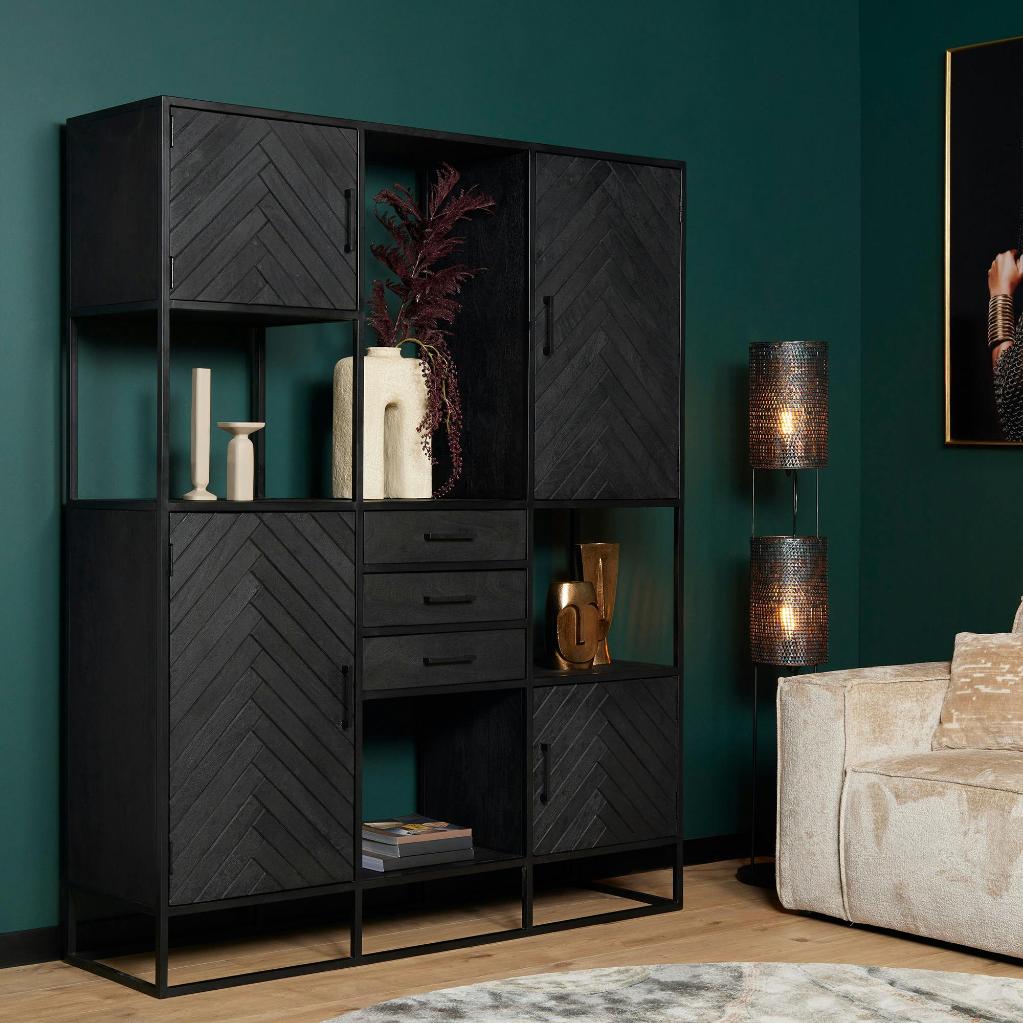 Bibliothèque étagère bois noir 4 portes motif chevron ALVERA