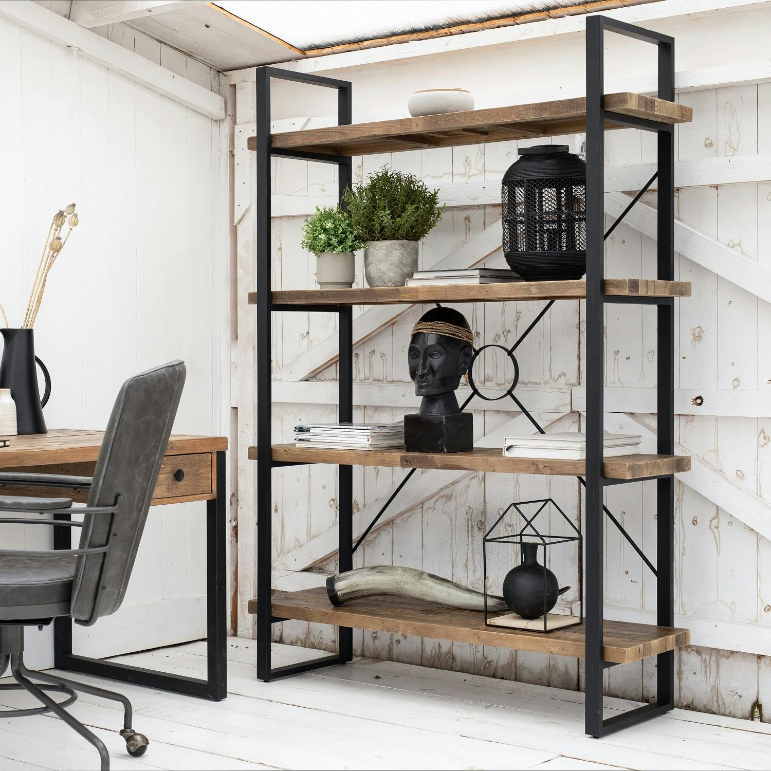 Bibliotheque etagere en bois recycle FSC et metal style industriel