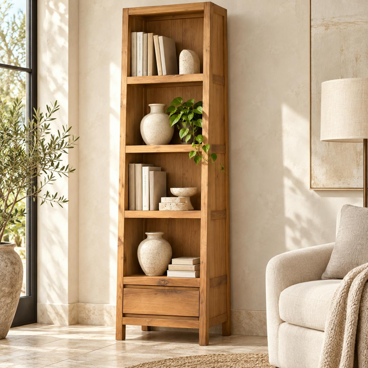 Bibliotheque etagere en bois avec tiroir de style campagne