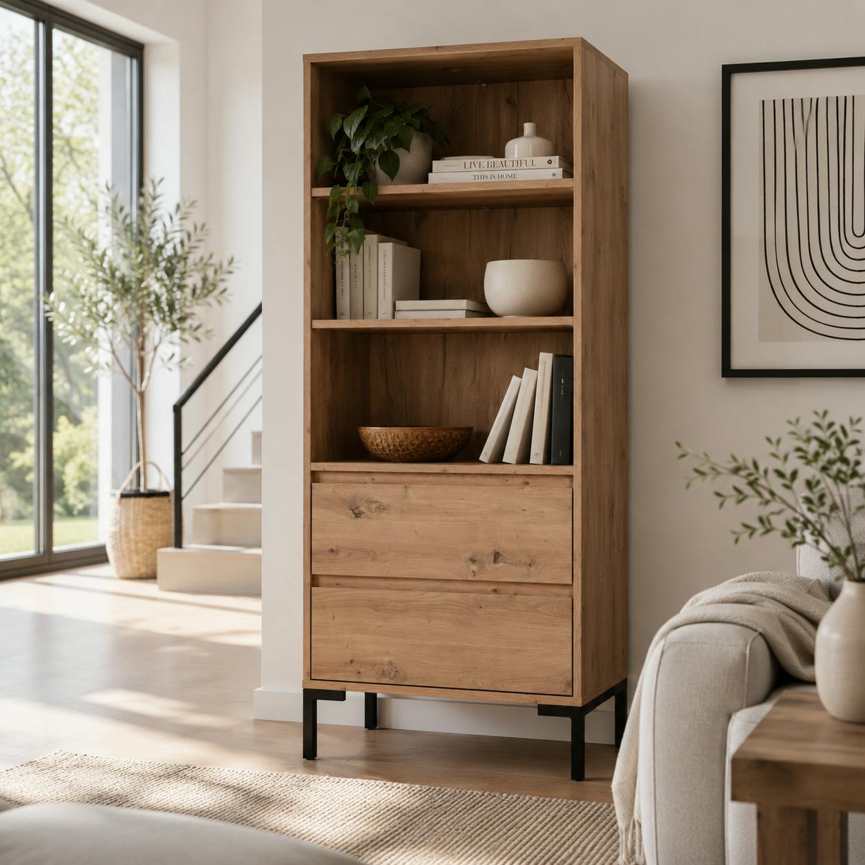 Bibliothèque étagère décor bois 2 tiroirs KARVI
