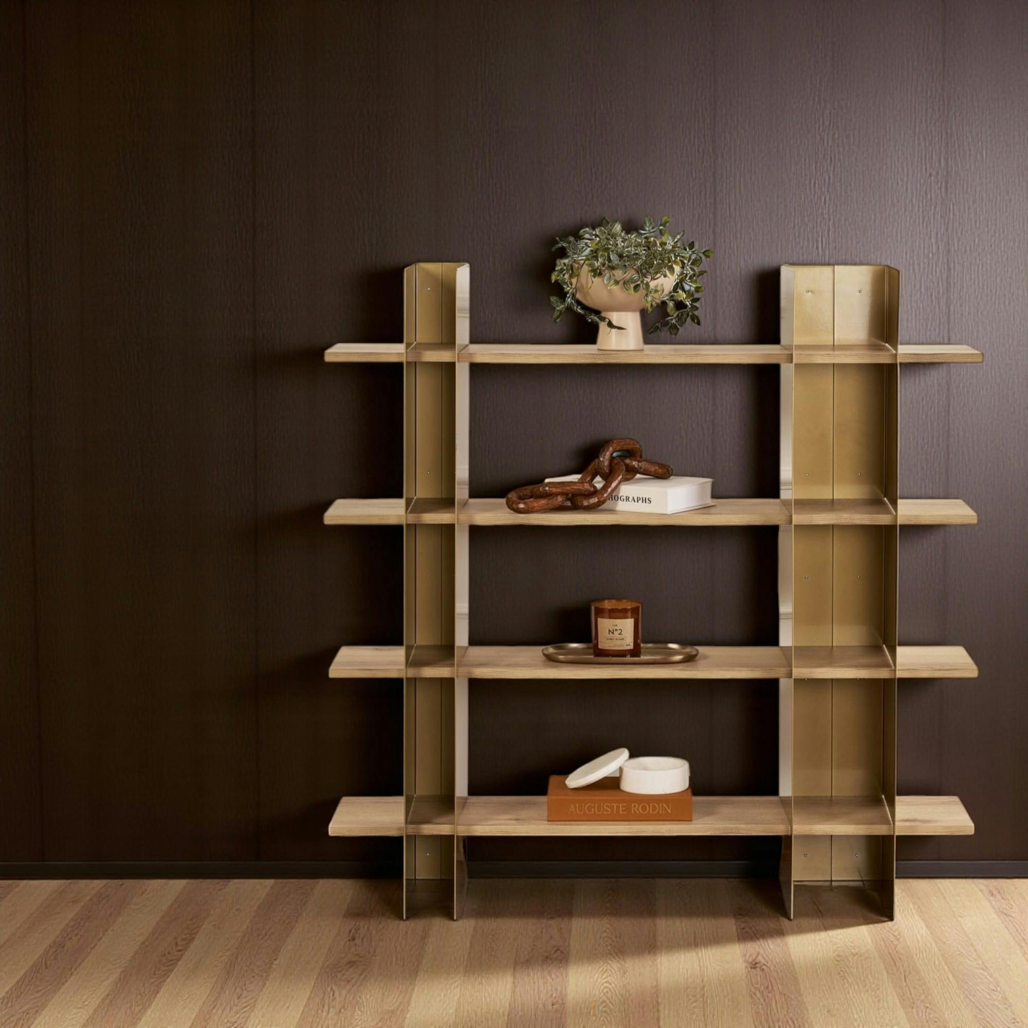 Bibliothèque étagère moderne 4 plateaux - niches dorées JENA