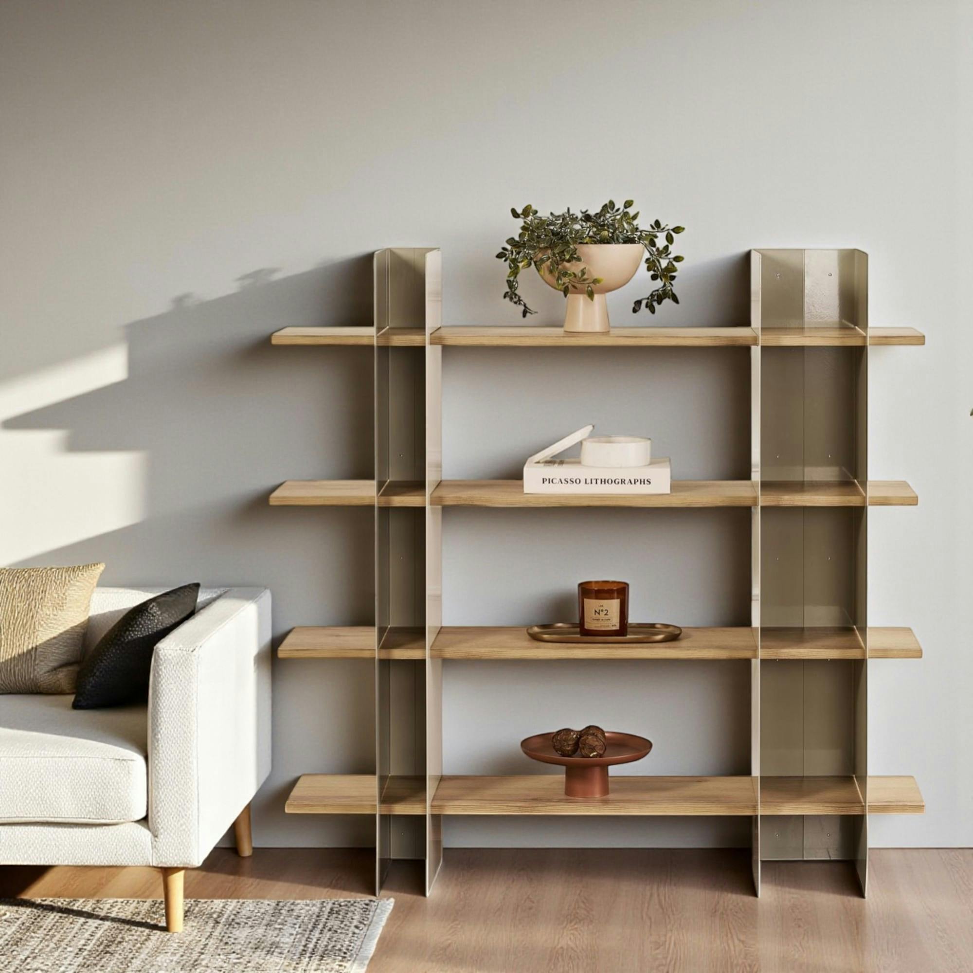 Bibliothèque étagère moderne 4 plateaux - niches taupes JENA