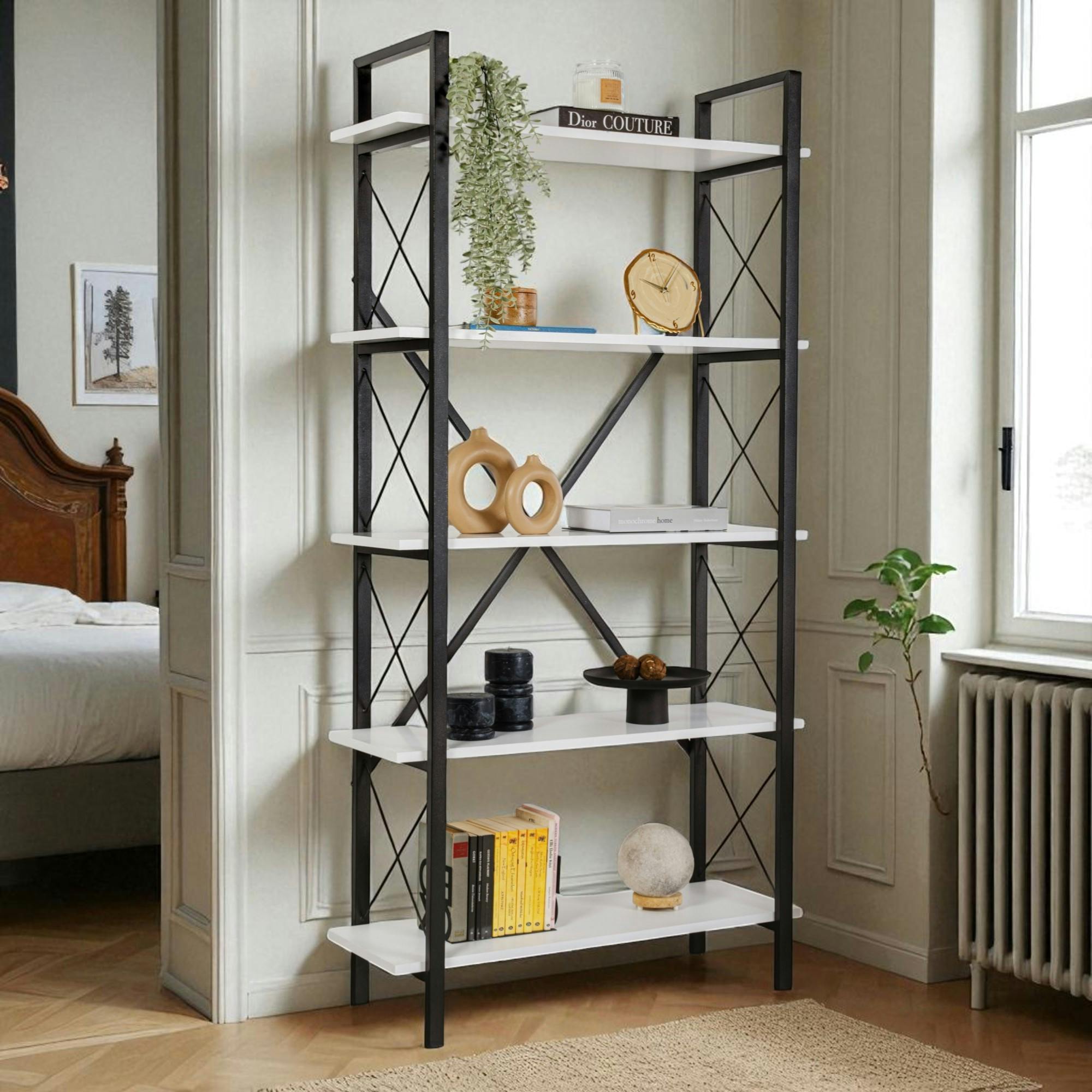 Bibliothèque étagère noire, 5 plateaux blancs JENA