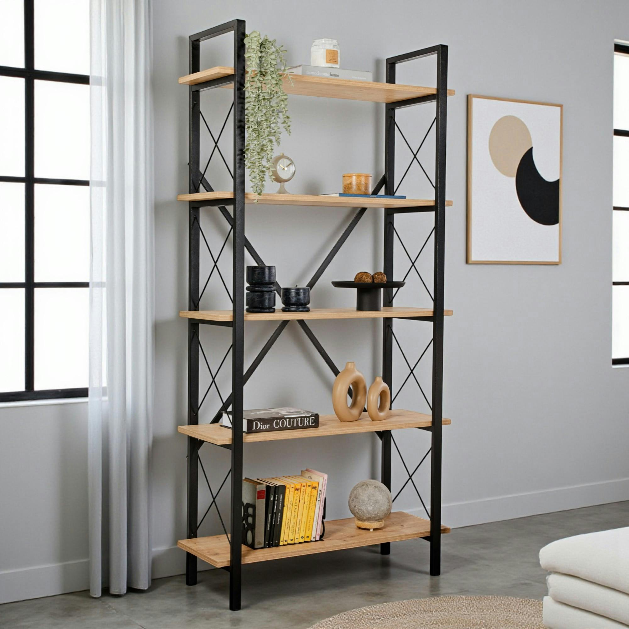 Bibliothèque étagère noire, 5 plateaux effet chêne clair JENA