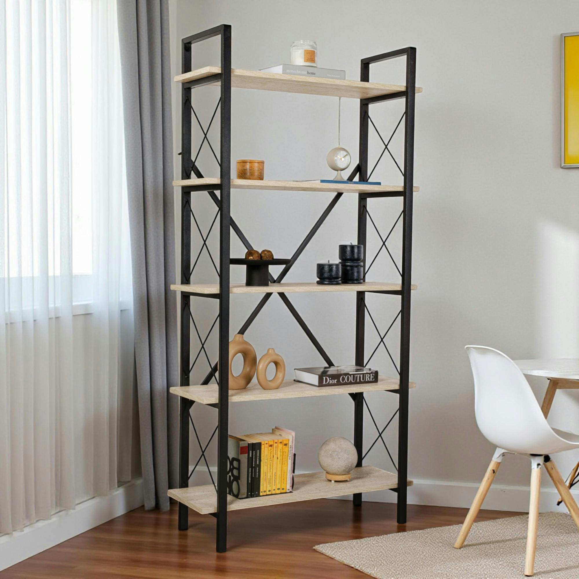 Bibliothèque étagère noire, 5 plateaux effet travertin JENA