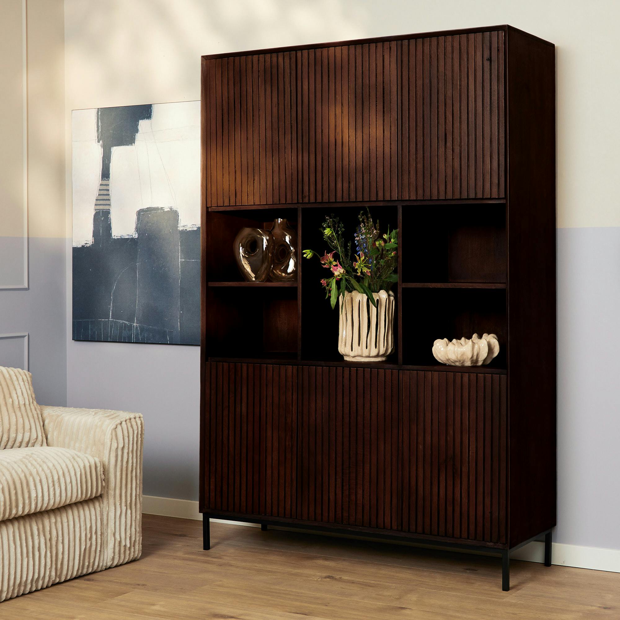 Bibliothèque étagère vintage 6 portes rainurées CORTINA