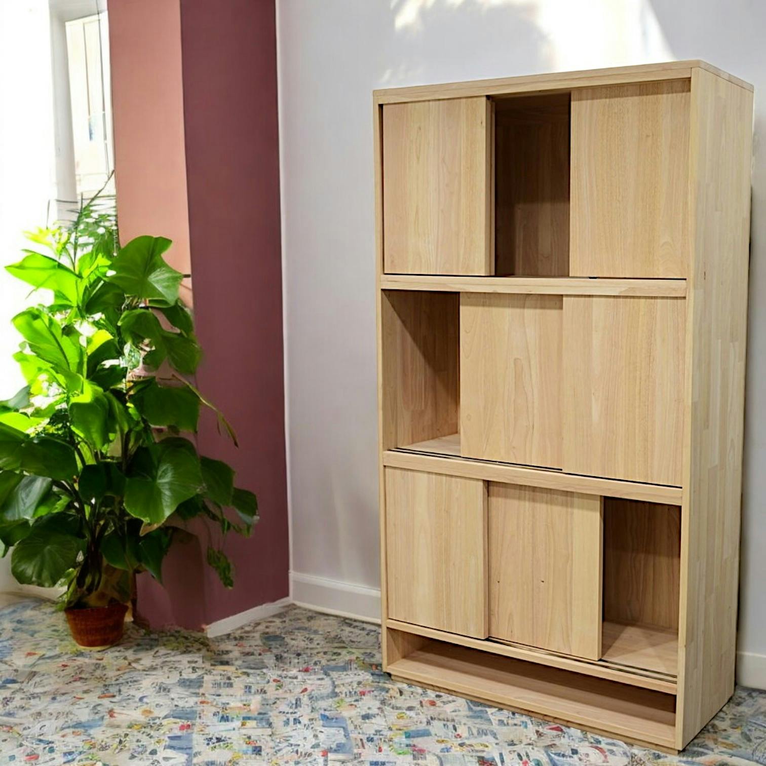 Bibliothèque Hévéa 3 étages à portes coulissantes, 1 niche basse 100x40x180cm BALTIC