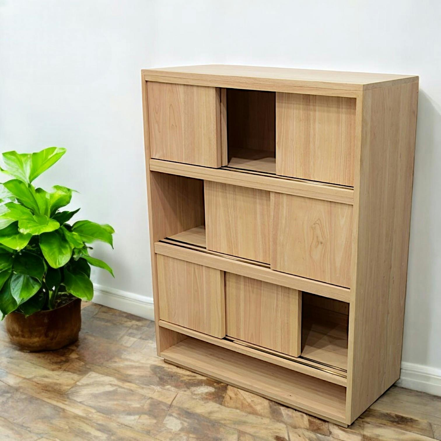 Bibliothèque Hévéa 3 étages à portes coulissantes, 1 niche basse 90x40x120cm BALTIC
