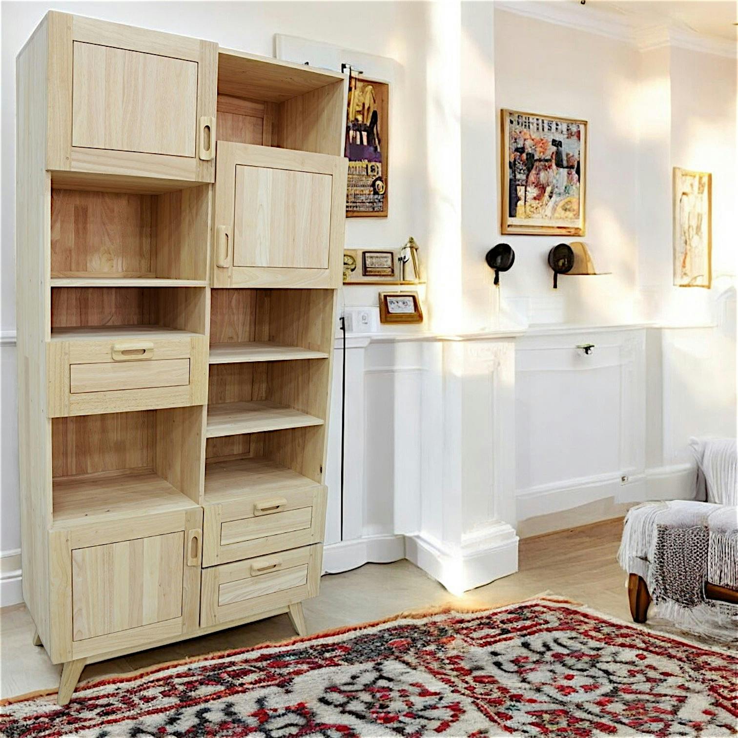 Bibliothèque Hévéa 3 portes, 3 tiroirs, 7 niches 95x40x160cm SIXTIES