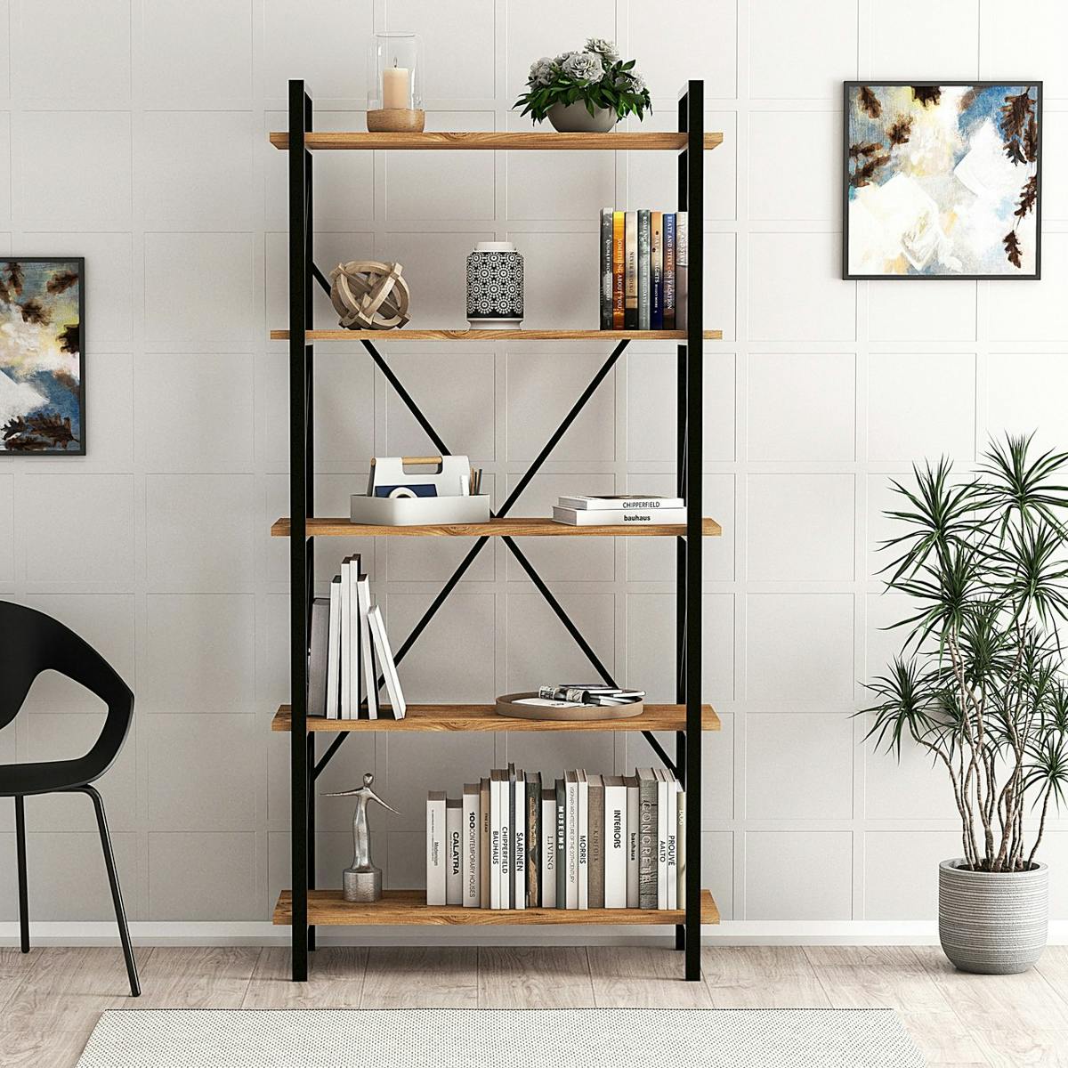 Bibliothèque industrielle à dos croisé, 5 plateaux JENA