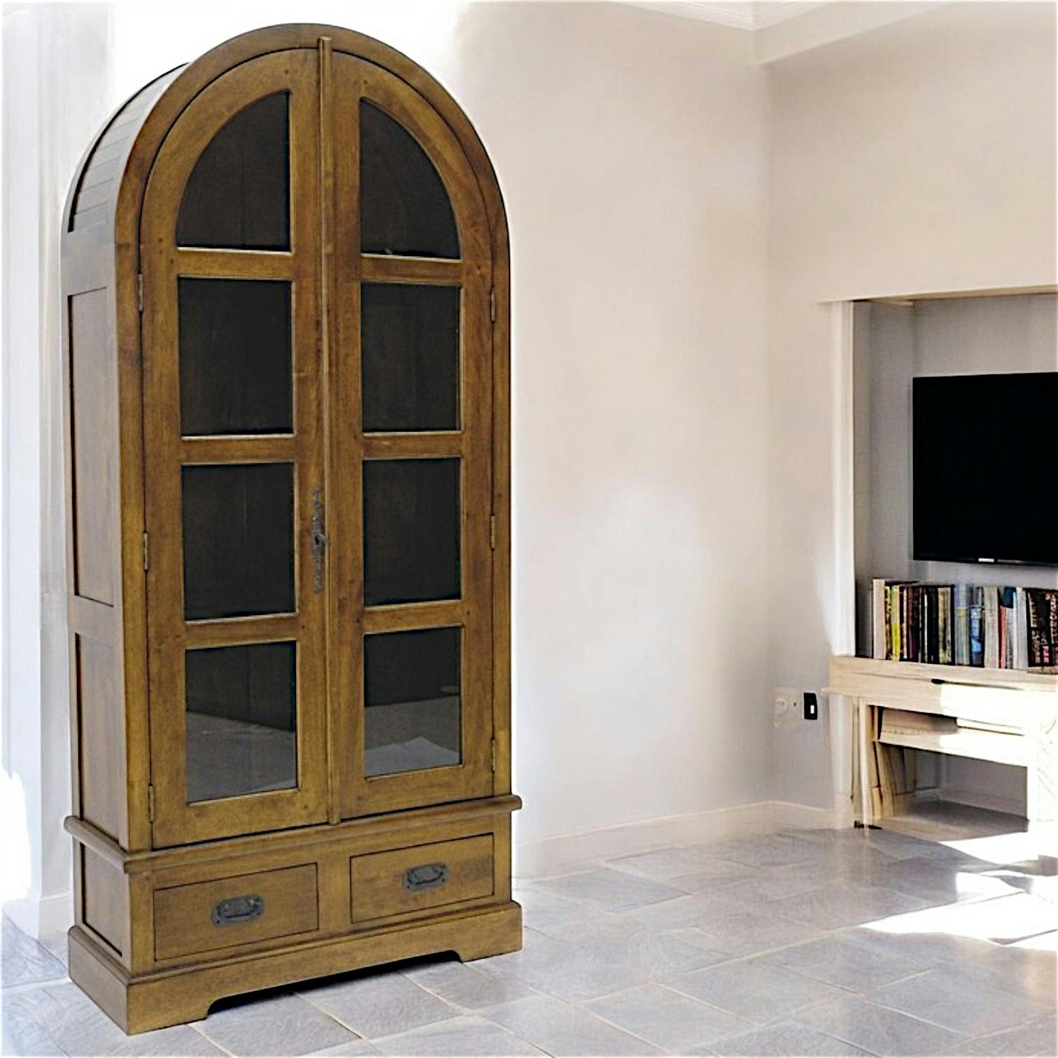 Bibliothèque ogive 2 portes 2 tiroirs hévéa 86X180cm TRADITION