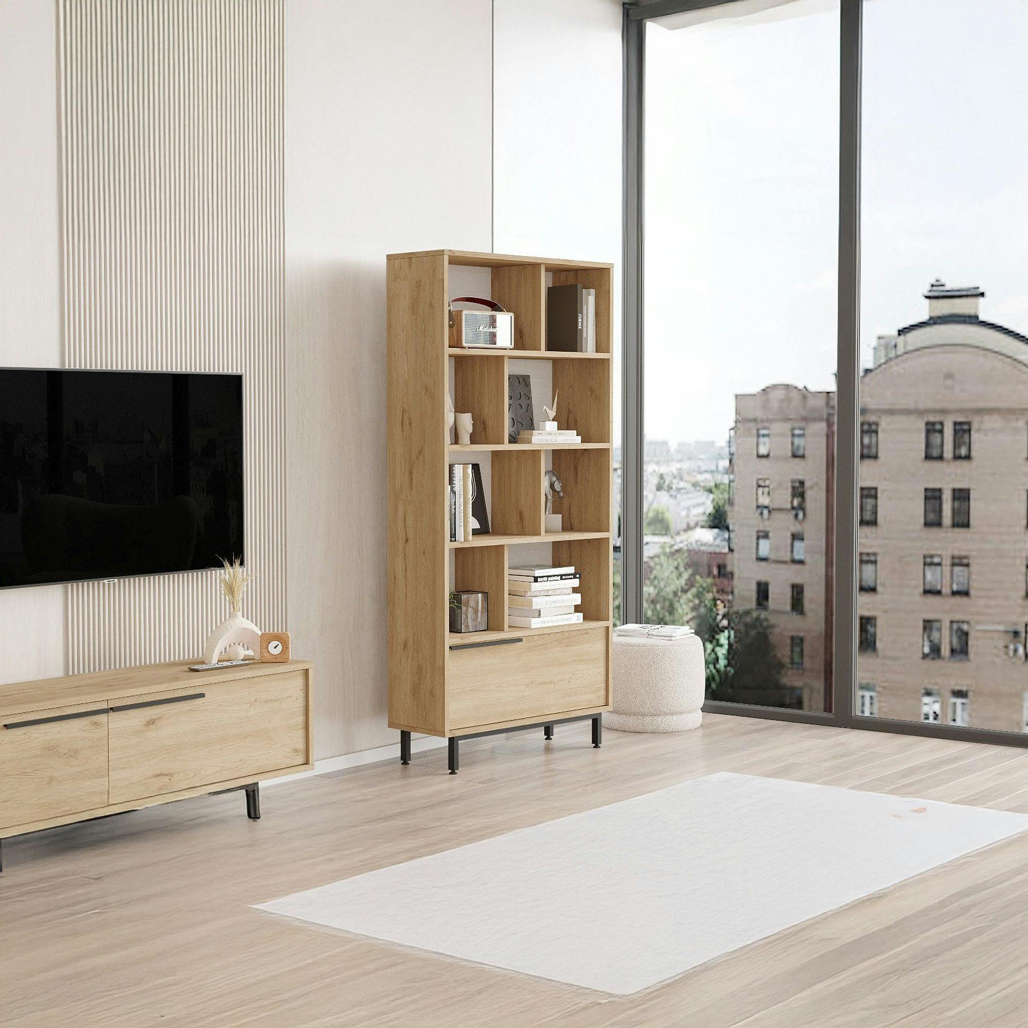 Bibliothèque ouverte effet bois avec rangement bas fermé JENA