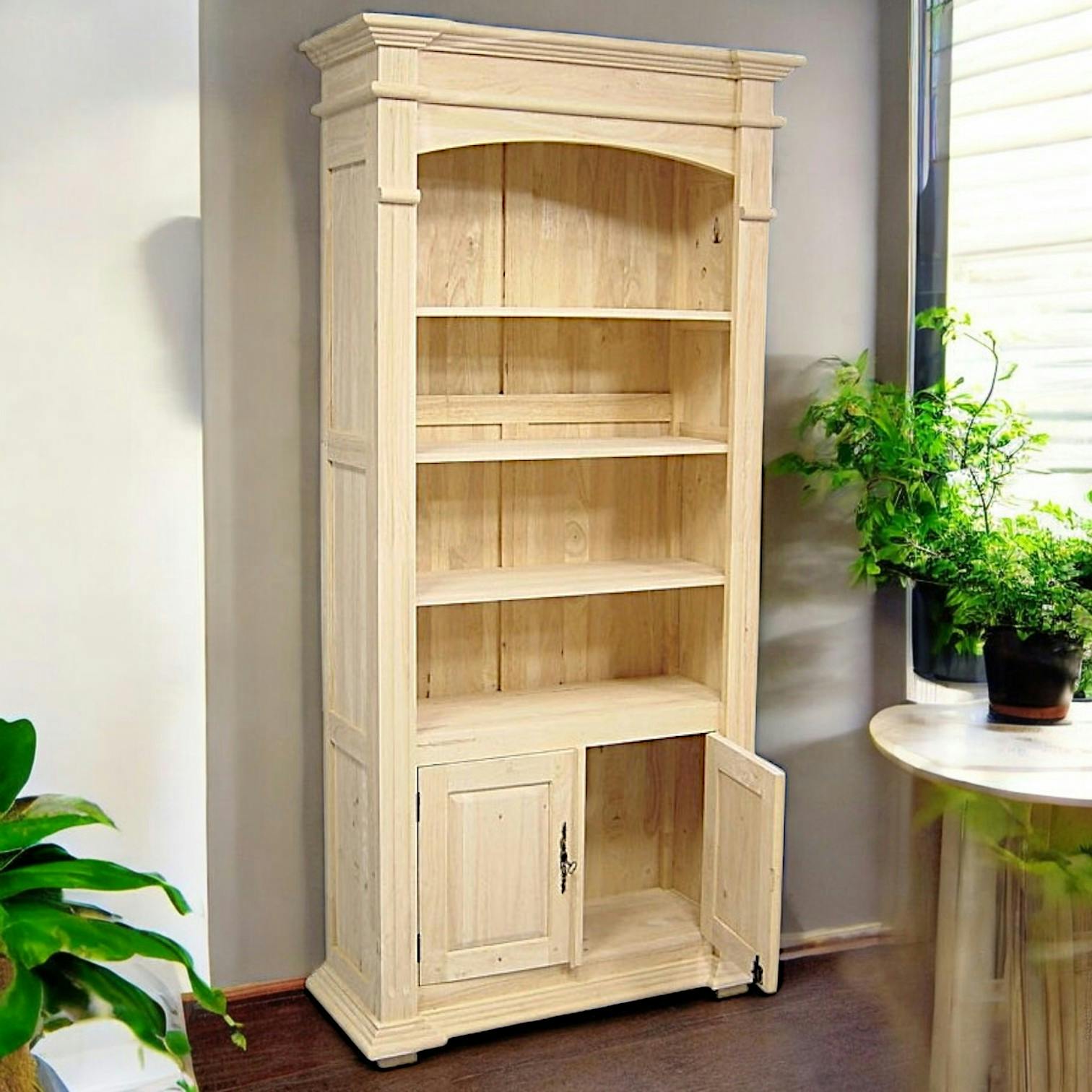 Bibliothèque ouverte Hévéa 2 portes, 4 niches étagères 95x35x213cm TRADITION