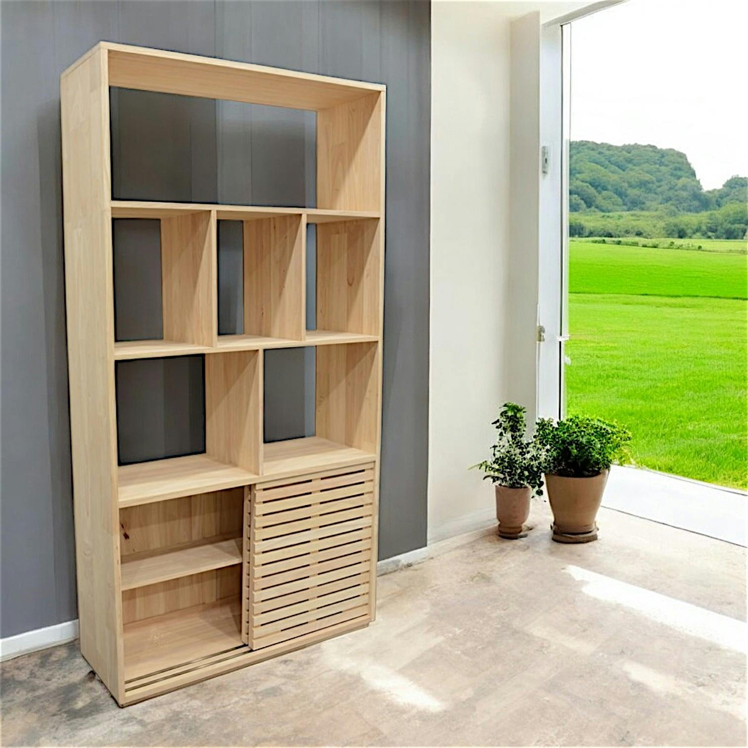 Bibliothèque ouverte Hévéa 2 portes coulissantes Persiennes, 6 niches 100x35x190cm NEW ORLEANS