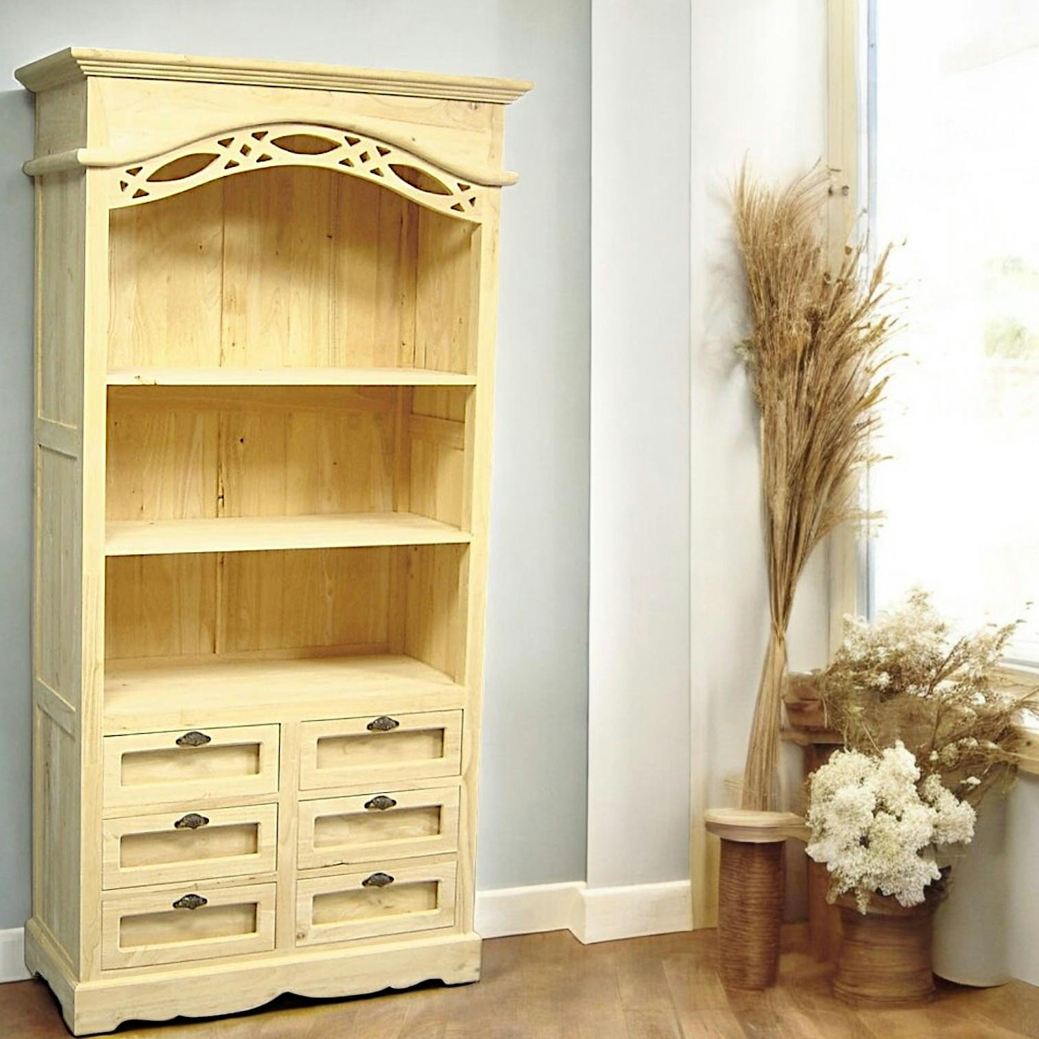 Bibliothèque ouverte Hévéa 6 tiroirs, 3 niches étagères 100x45x196cm MAORI