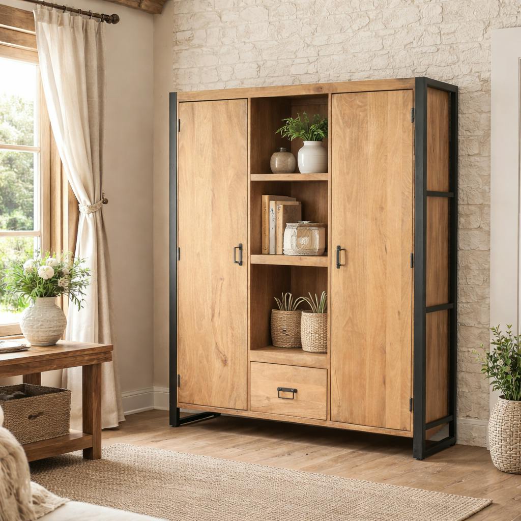 Bibliothèque salon bois clair métal noir 2 portes MILORA