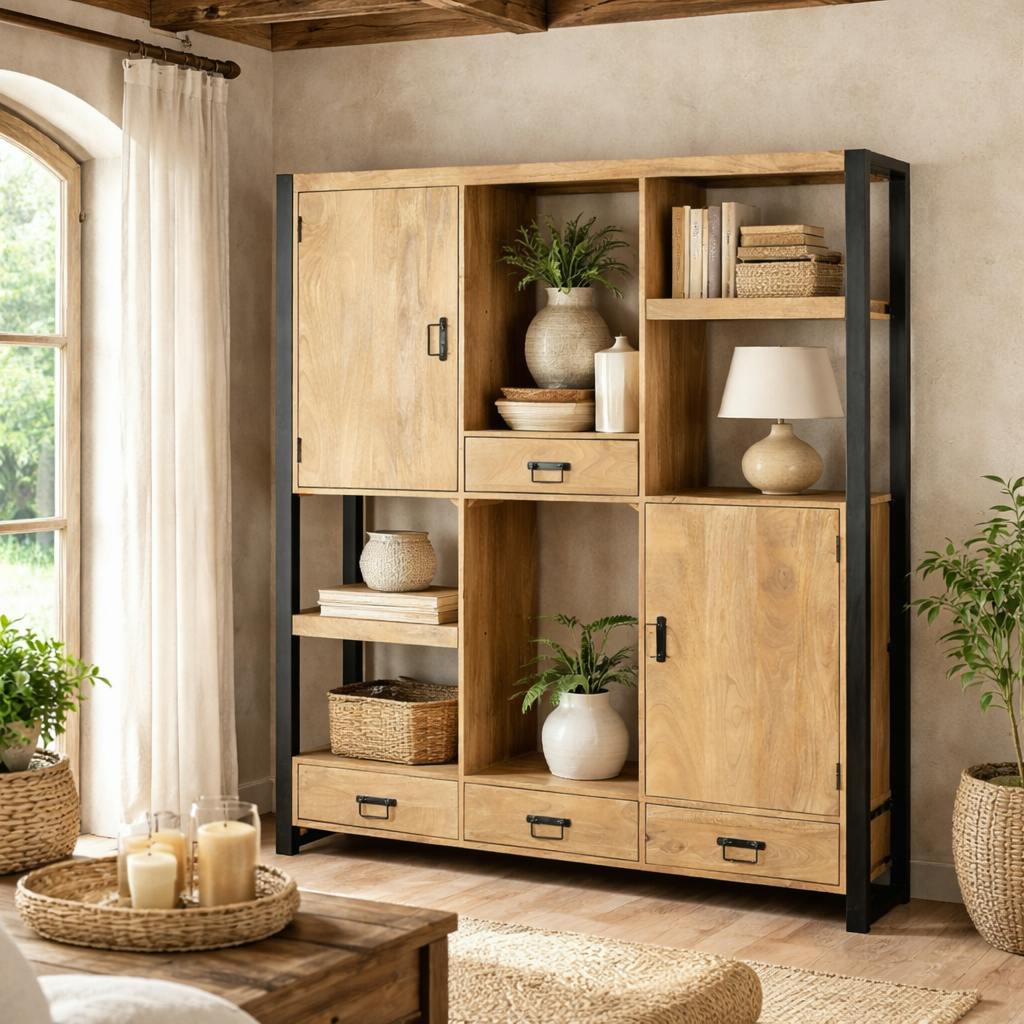 Bibliothèque salon bois clair métal noir avec rangement MILORA