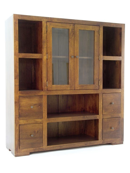 Bibliothèque / Vaisselier Hévéa 2 portes vitrées et bois, 2 tiroirs, 6 niches 130x40x140cm OLGA