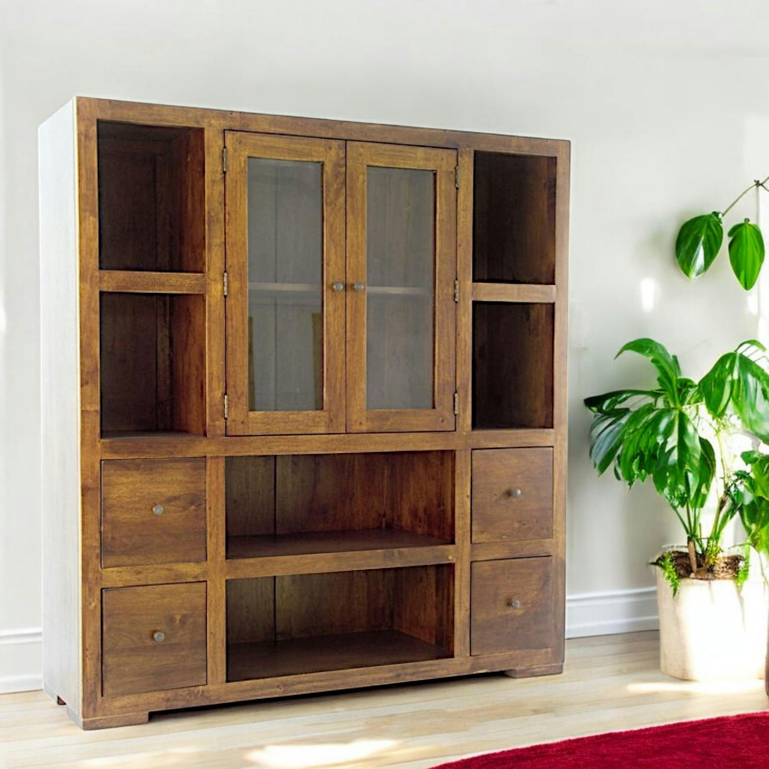 Bibliothèque / Vaisselier Hévéa 2 portes vitrées et bois, 2 tiroirs, 6 niches 130x40x140cm OLGA