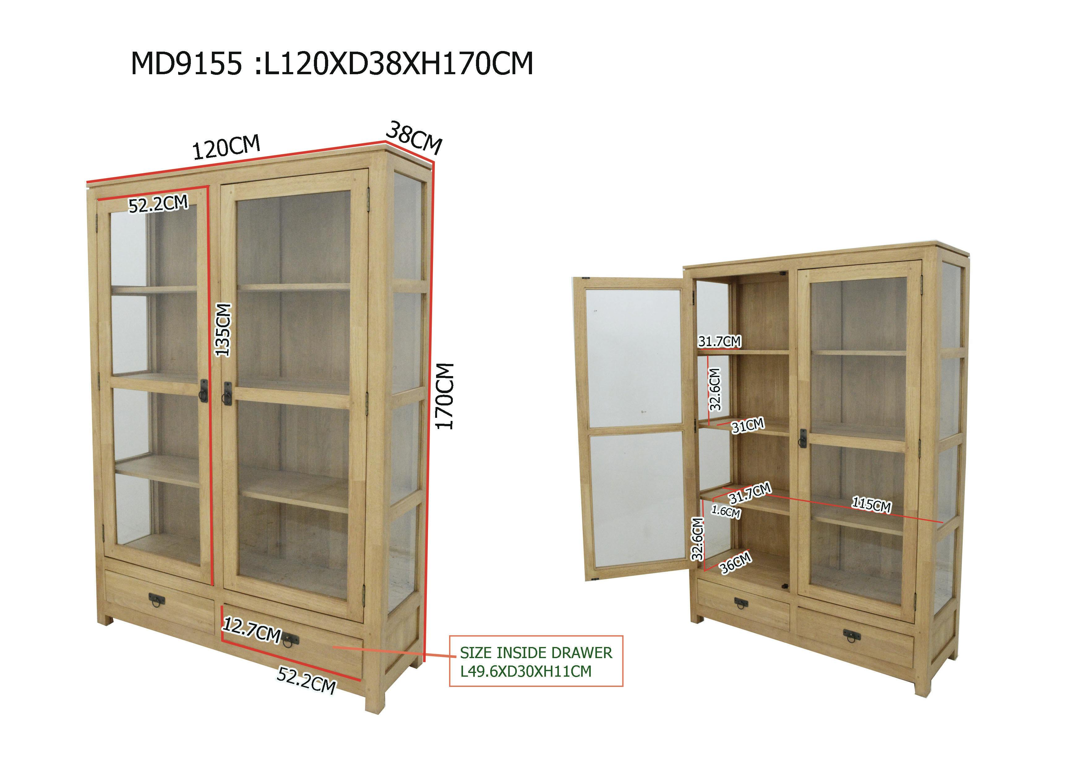 Bibliothèque vitrée Hévéa 2 portes, 2 tiroirs, 120x38x170cm HELENA