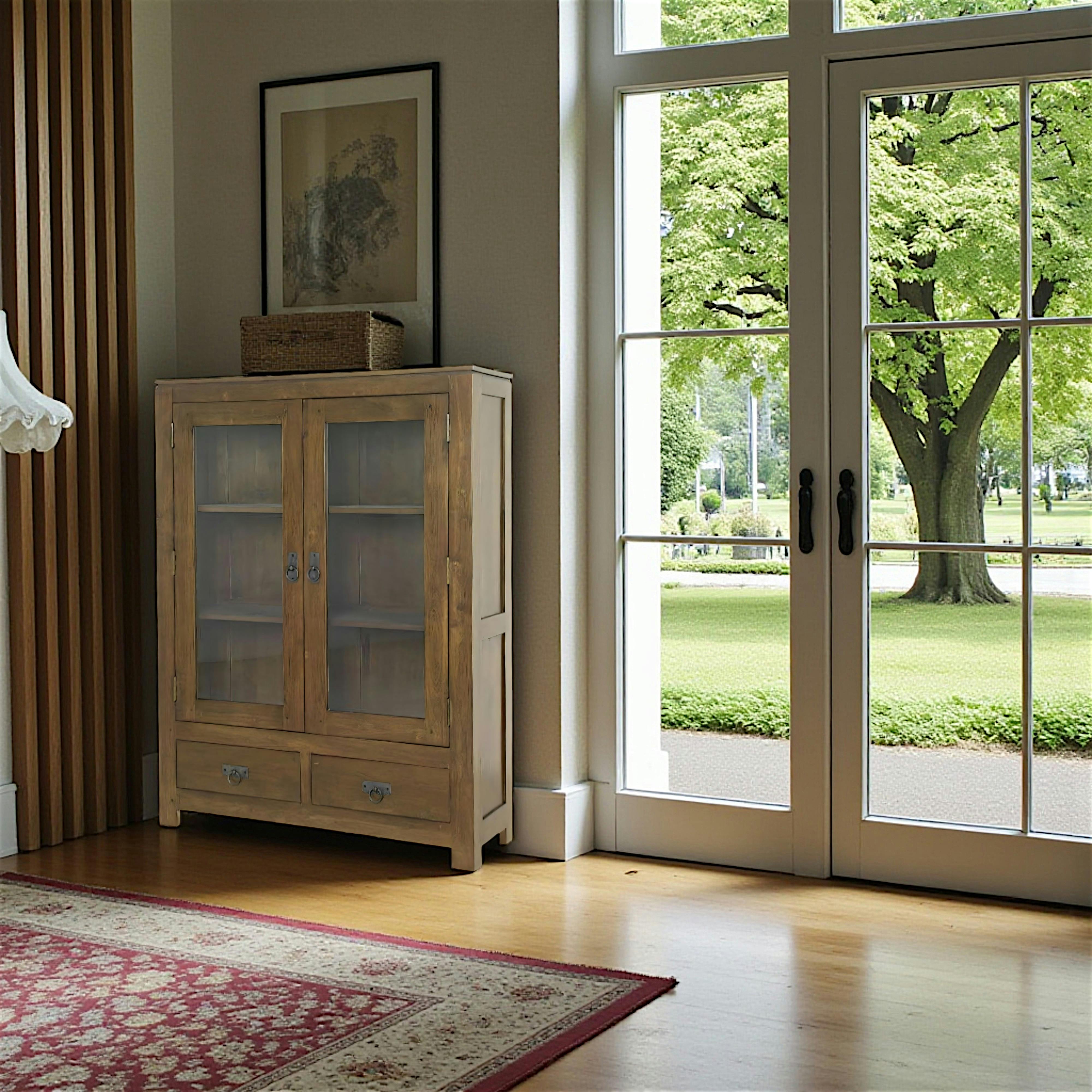 Bibliothèque vitrée hévéa massif 90x120cm HELENA