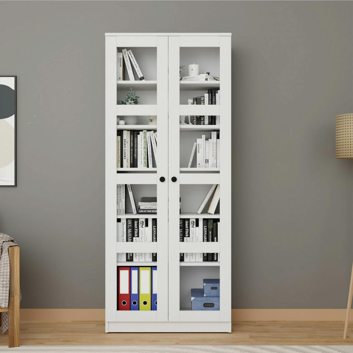 Bibliothèque vitrine blanche, 6 étagères réglables SALTA