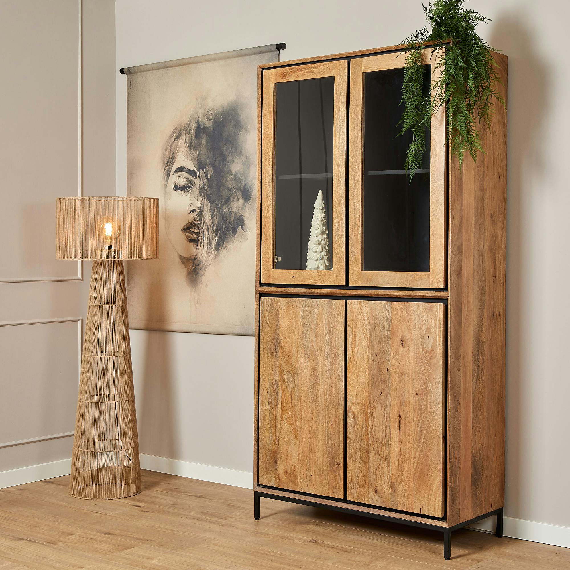 Bibliothèque vitrine bois cadre noir 4 portes UVEA