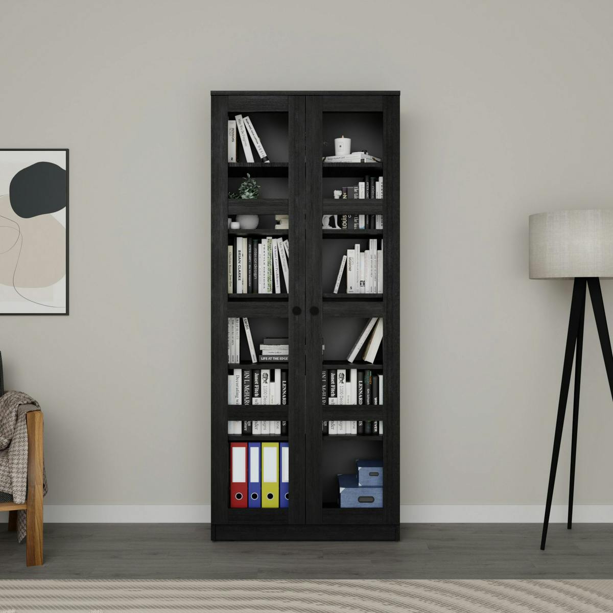 Bibliothèque vitrine noire, 6 étagères réglables SALTA