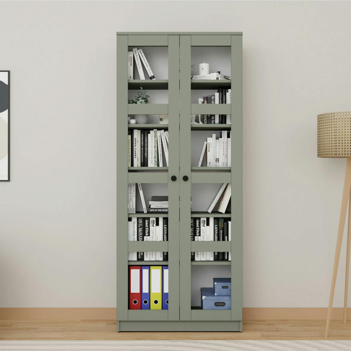 Bibliothèque vitrine vert sauge, 6 étagères réglables SALTA