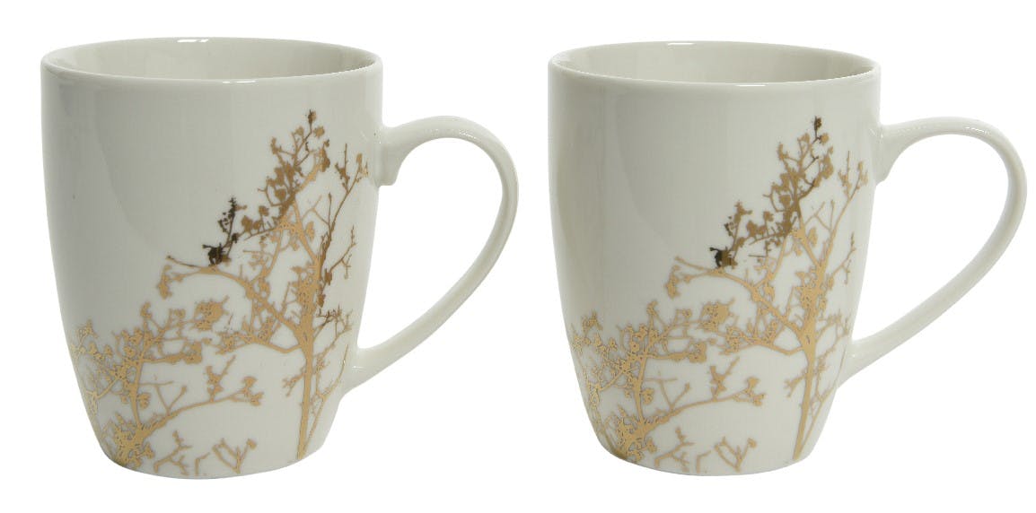 Boite 2 Mugs branches dorées porcelaine blanche