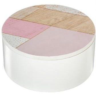 Boite à bijoux ronde en bois dessus graphique tons roses D13cm