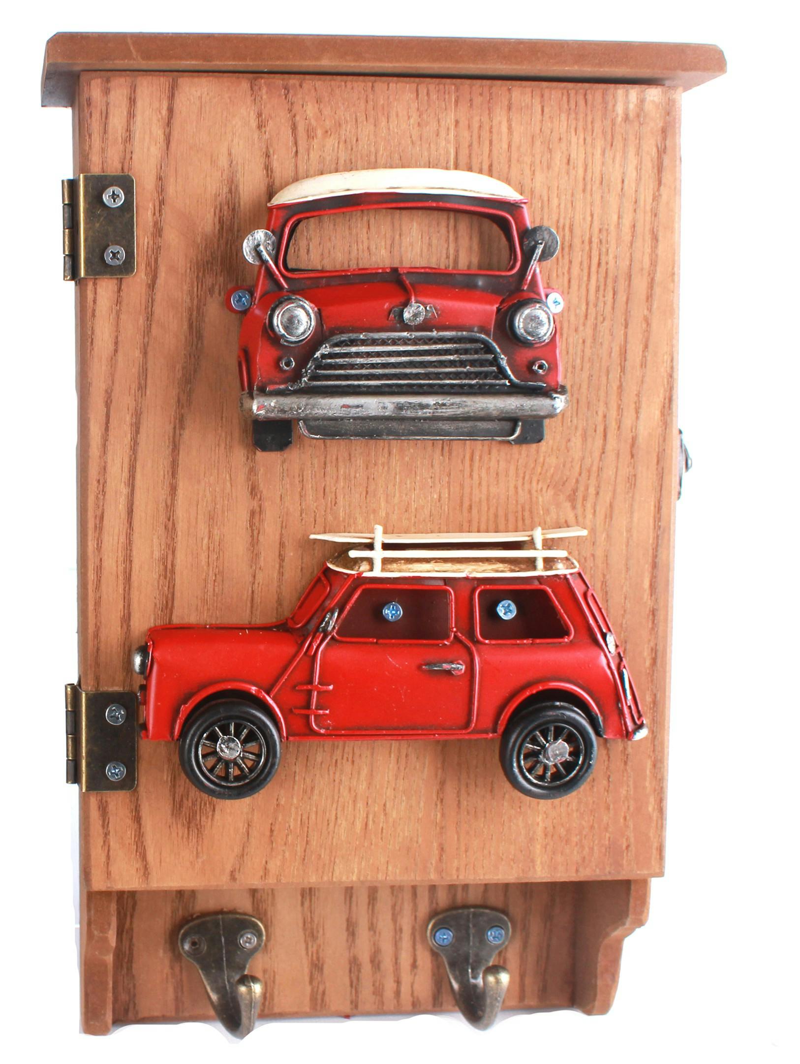 Boîte à clés en bois et métal décor Voiture rouge, avec 2 patères 20x8x31cm