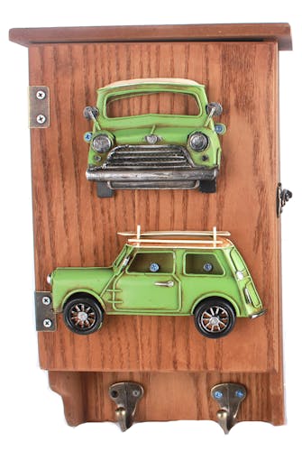 Boîte à clés en bois et métal décor Voiture verte, avec 2 patères 20x8x31cm