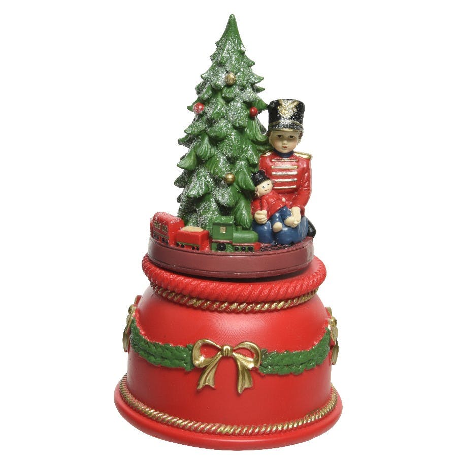 Boîte à musique rouge avec sapin de Noël et enfant