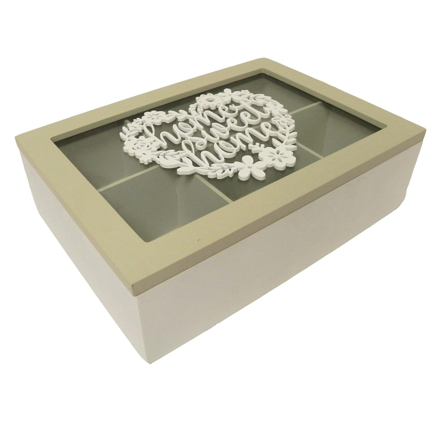Boite à thé compartimentée bois blanc et naturel décor c?ur floral "Home Sweet Home" 24x7,2x17cm