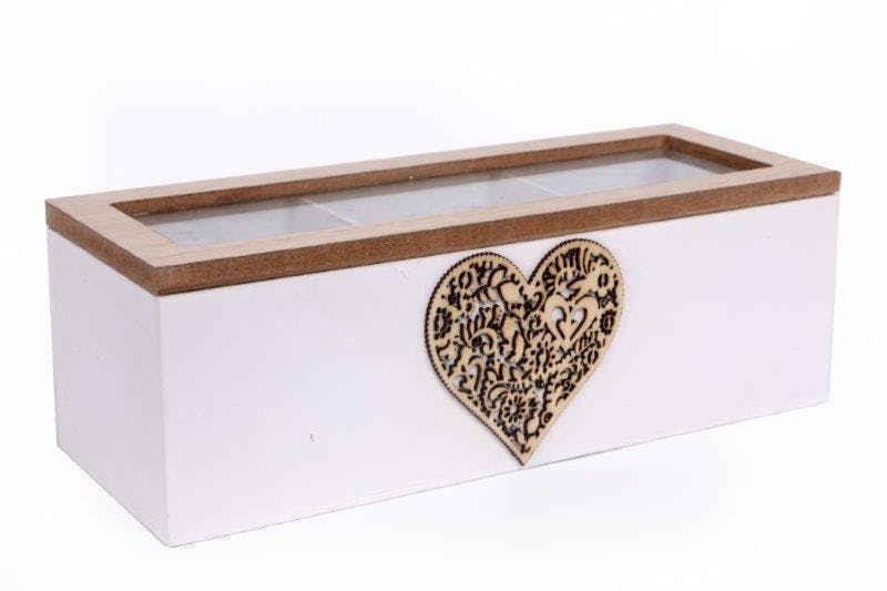 Boite à thé compartiméntée en bois blanc et naturel avec c?ur bois sculpté 9x24x8cm
