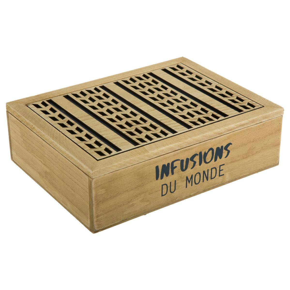 Boite à thé compartimentée en bois naturel et motifs gravés "Infusion du Monde" 24x18x7cm