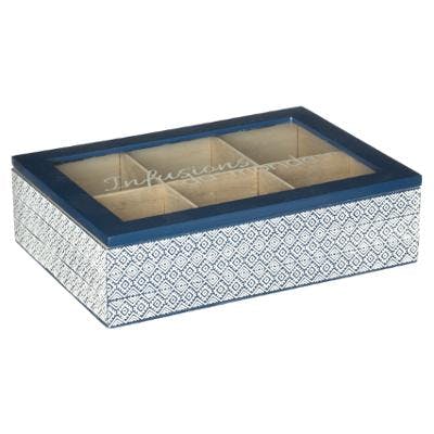 Boite à thé compartimentée style japonais en bois blanc et bleu 24x17xH6cm
