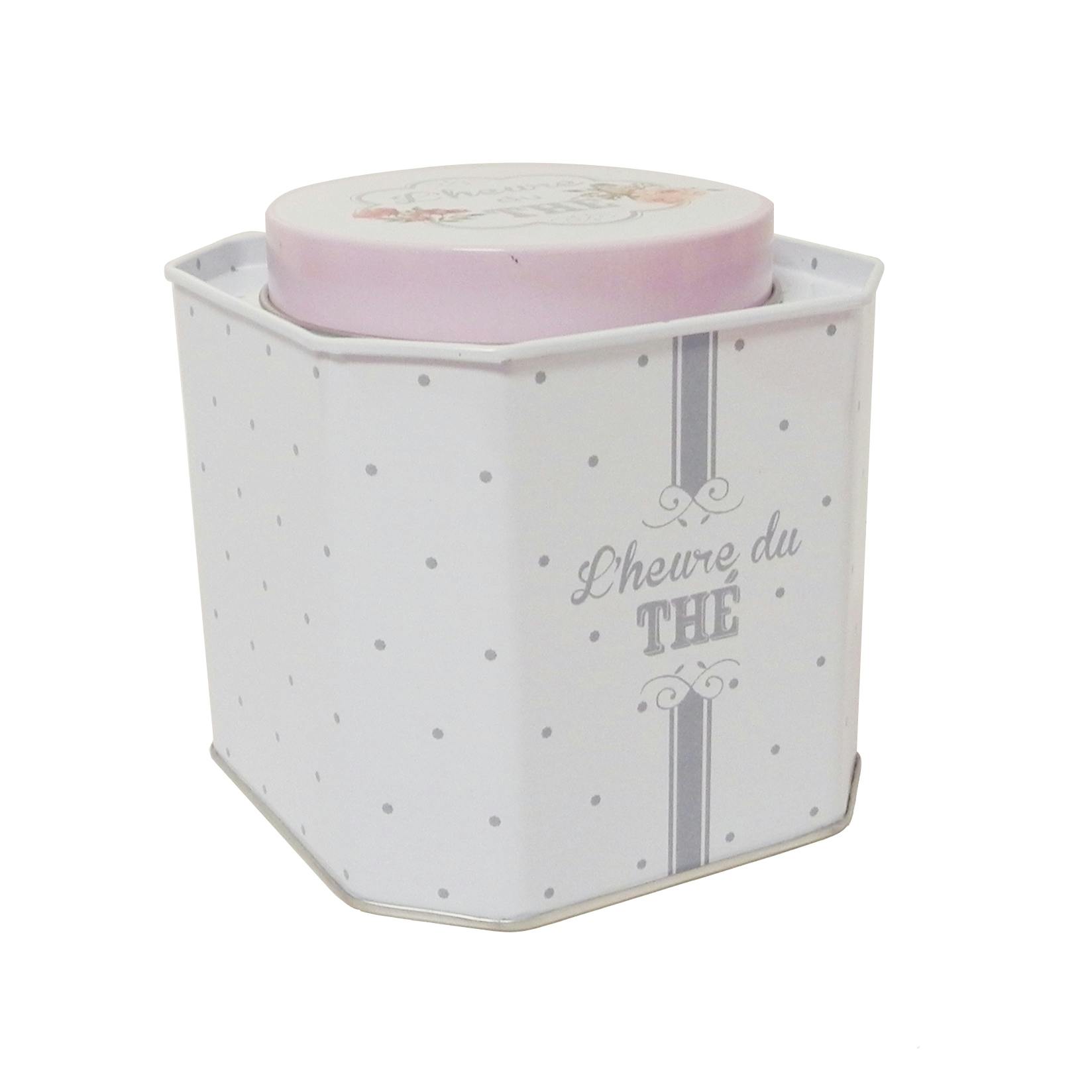Boite à thé couvercle hexagonal en métal décor charme 10x10cm M2