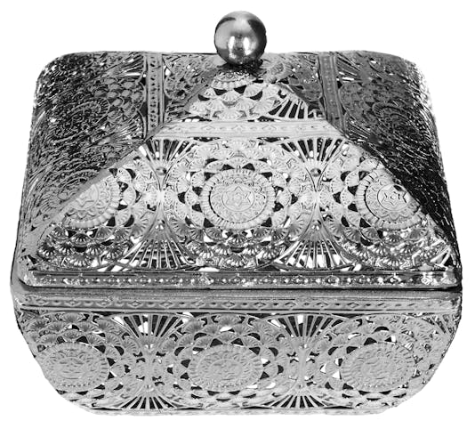 Boîte carrée en métal argenté ajouré motifs Orient 12x12x9cm