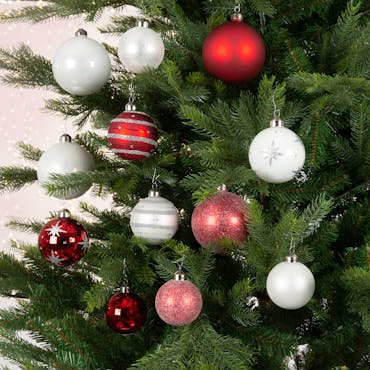 Boules de Noël rouges et blanches en verre (boîte de 12)