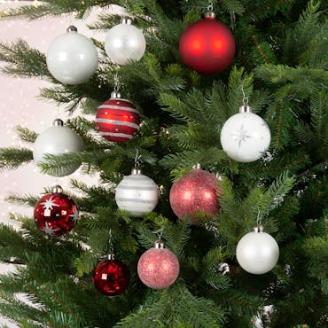 Boules de Noël rouges et blanches en verre (boîte de 12)
