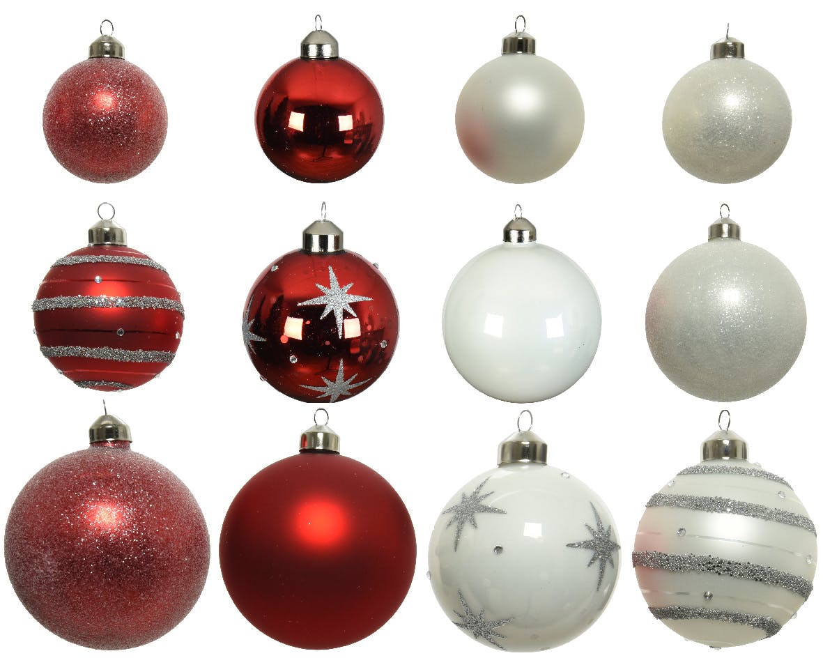 Boules de Noël rouges et blanches en verre (boîte de 12)