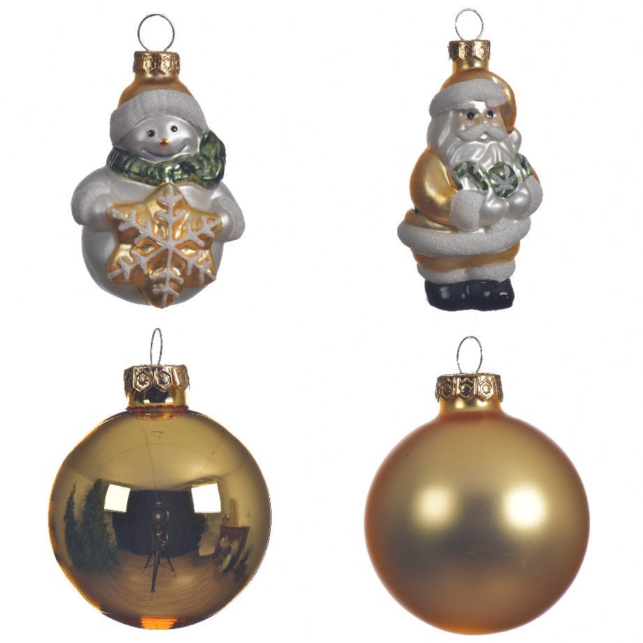 Boite de 13 boules et figurines de Noël tons dorés
