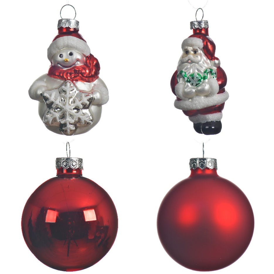 Boite de 13 boules et figurines de Noël tons rouges