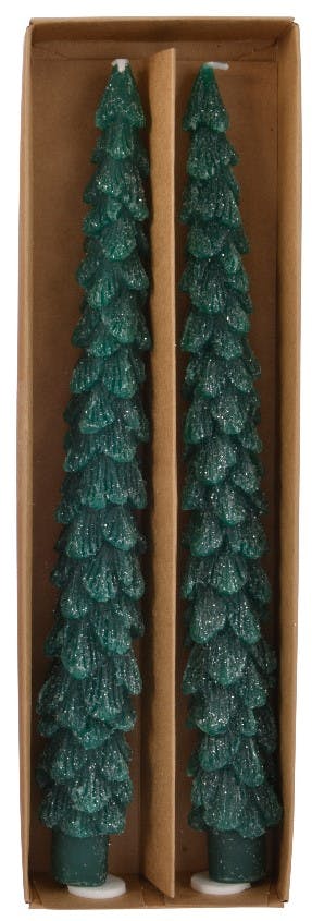 Boite de 2 bougies cierges forme sapin vert
