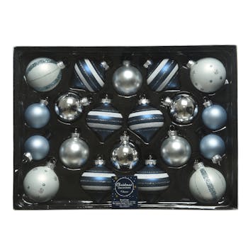 Boite de 20 boules et bulbes de Noël tons bleus